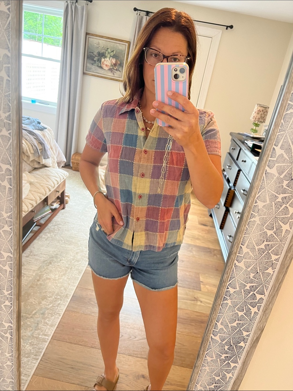 Pastel 100% cotton Plaid Button-Up Short Sleeve Shirt